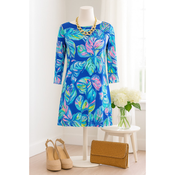 Lilly Pulitzer Marlowe Dress Lapis Blue Pop Up Jungle Hoppin 3/4 Sleeve Size M - Picture 1 of 9